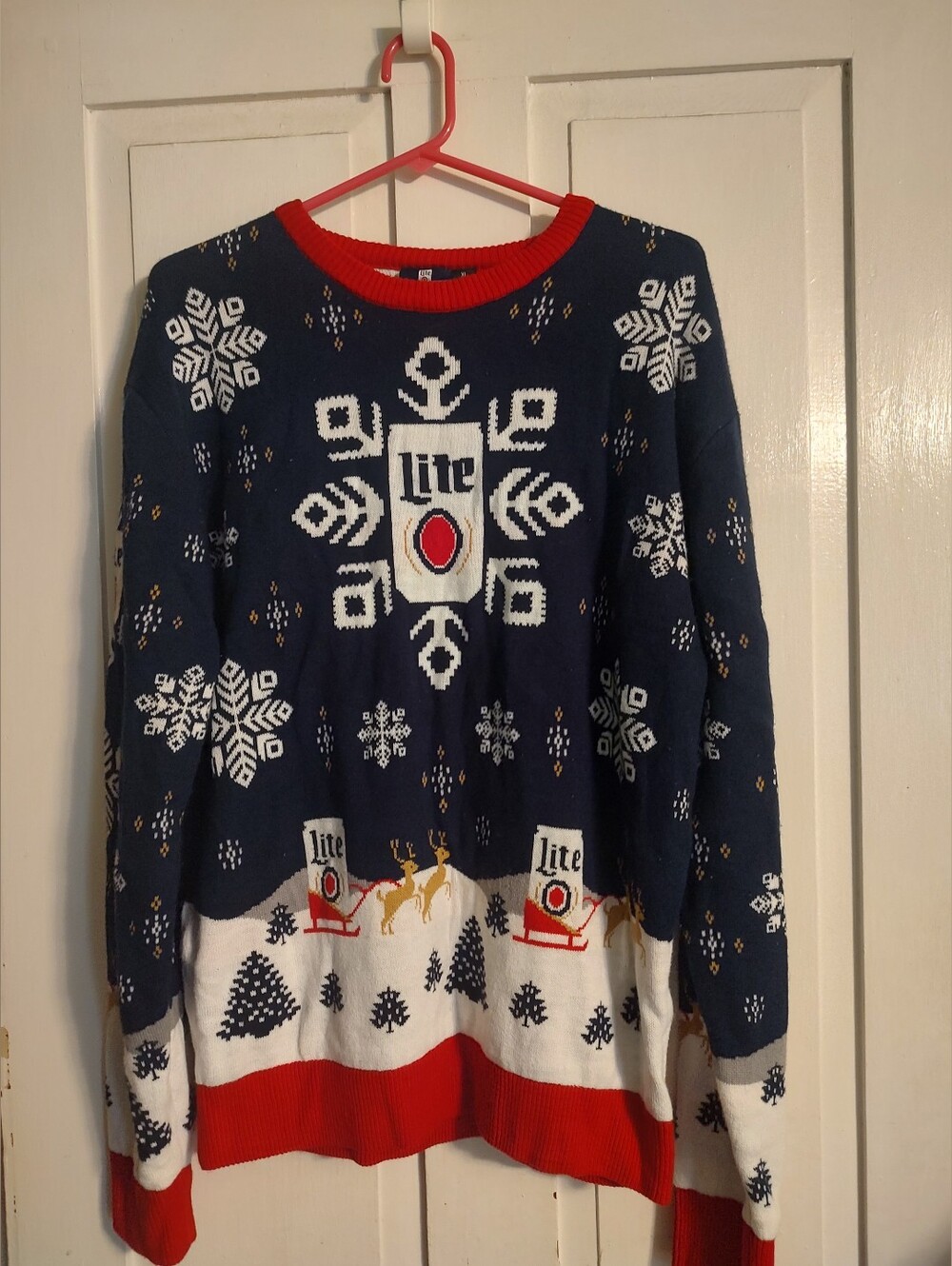Lite Beer Holiday Sweater Snowflake Reindeer Breweriana Navy Blue Red White XL